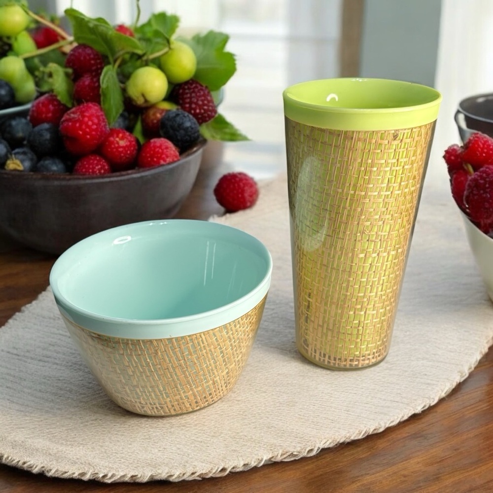 Set 2 MCM Raffiaware Insulated Blue Ice Cream Bowl & Green Tumbler Glass